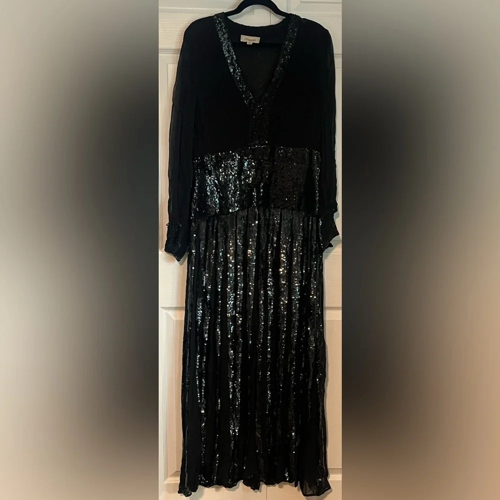 Women's Temperley London Black Sequined Long Sleeved V-Neck Evening Dress